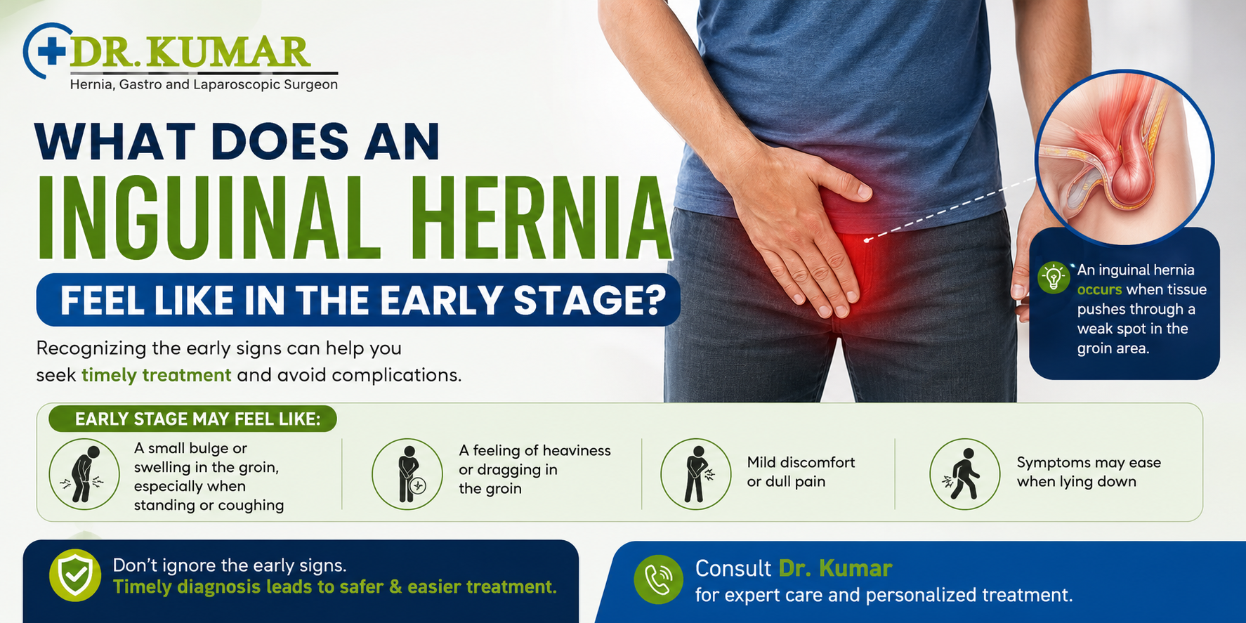 Early-stage inguinal hernia symptoms and discomfort